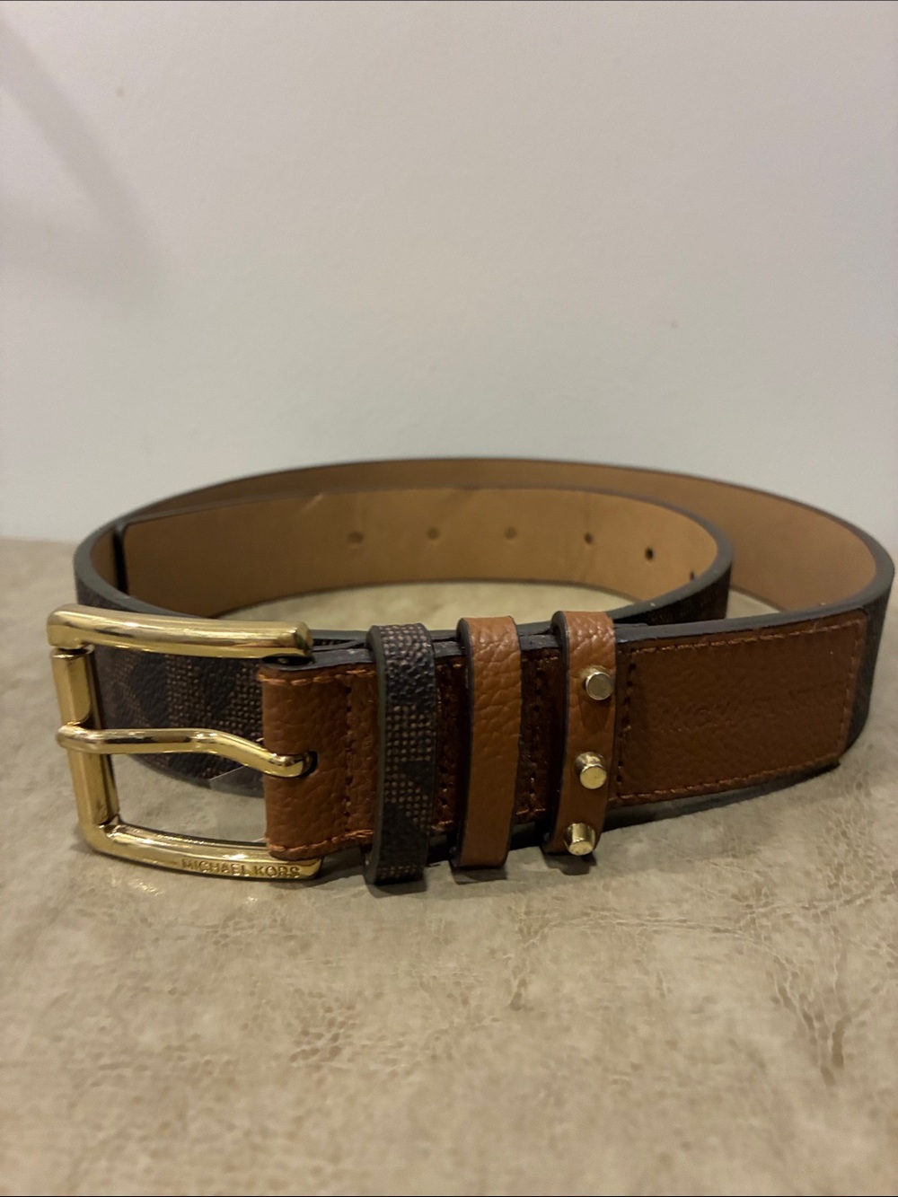 Michael Kors Brown and Black Leather Men's Belt with Gold Buckle
